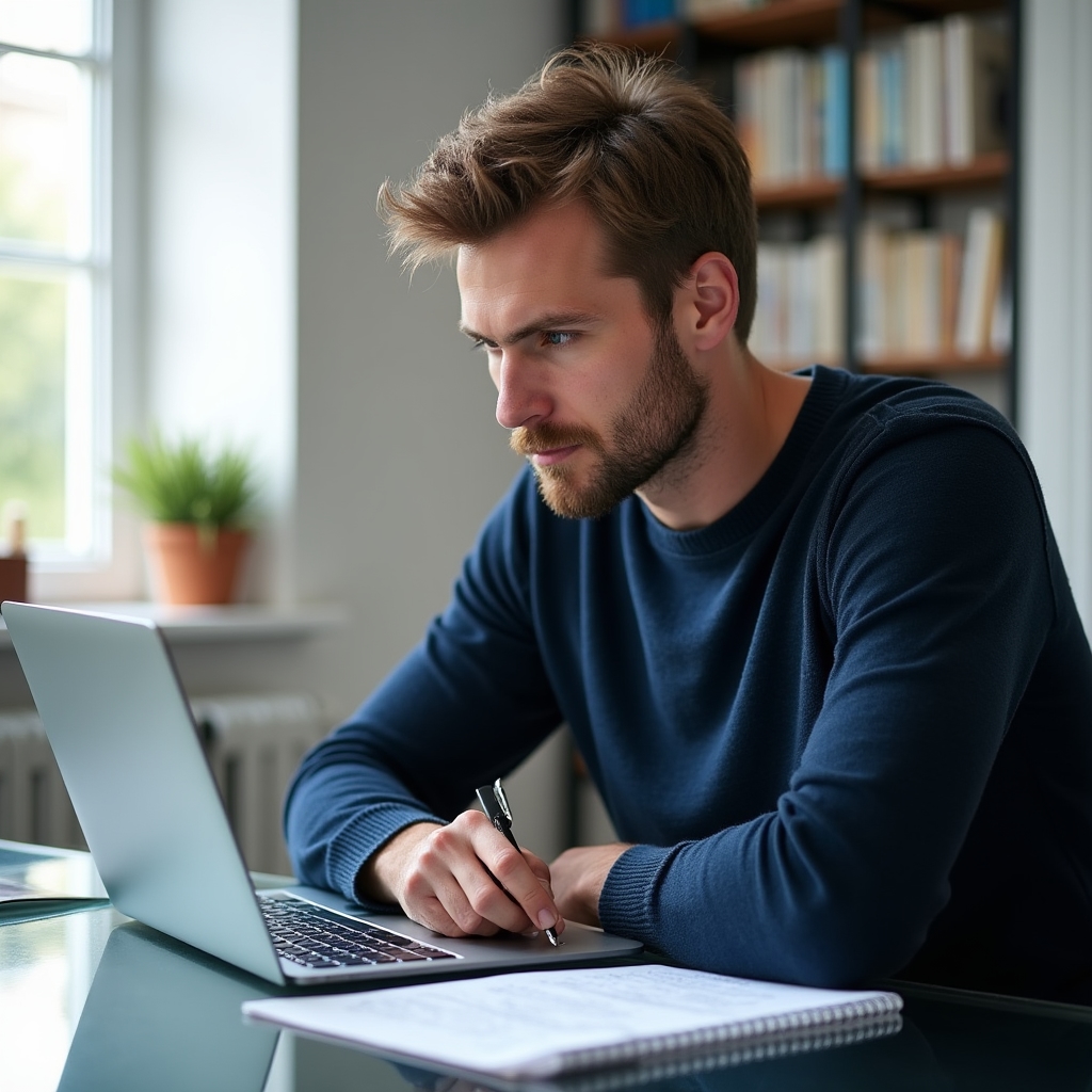 Person in tiefer Konzentration am Schreibtisch mit Laptop und Notizen