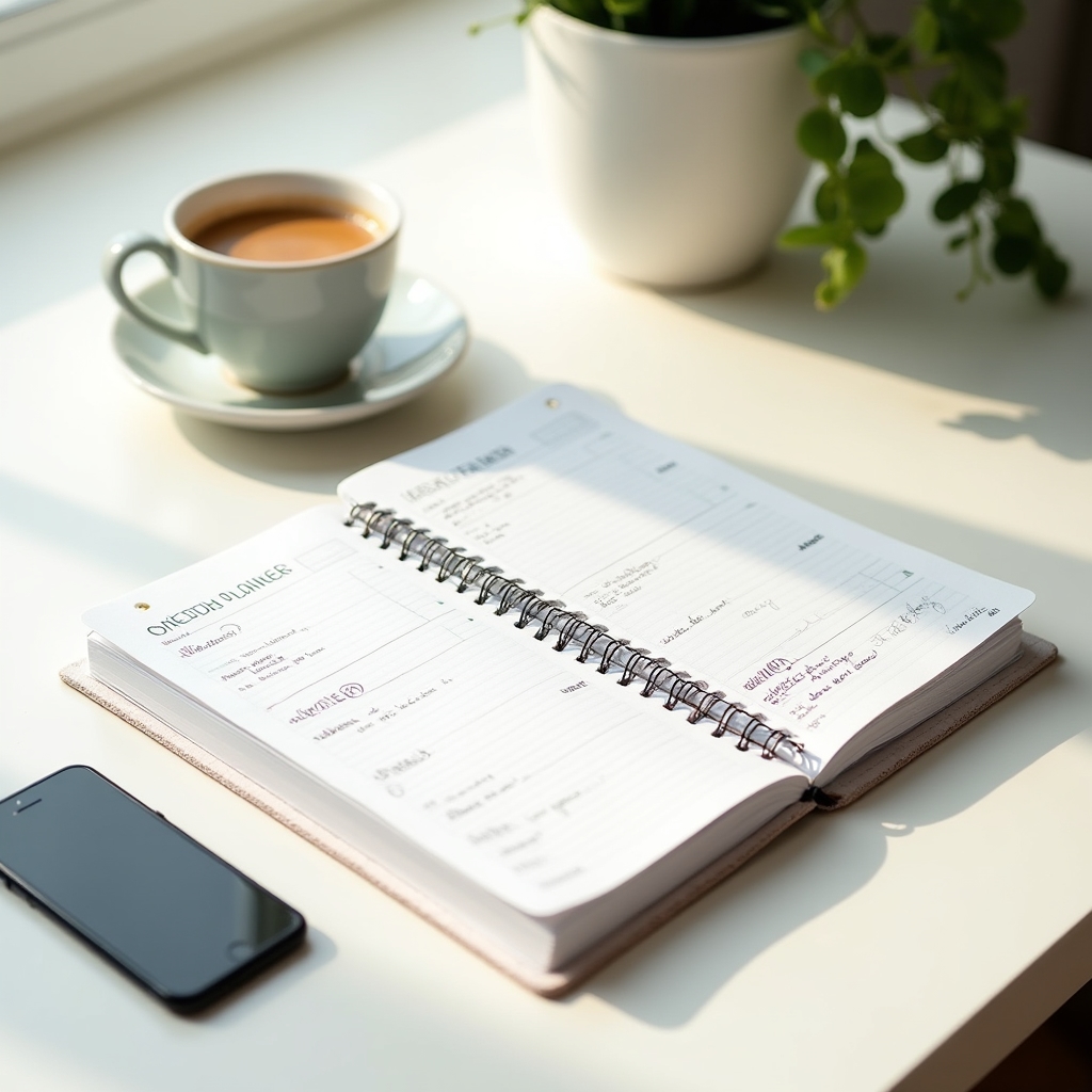 Wochenplaner und Kalender auf einem hellen Schreibtisch mit Kaffee