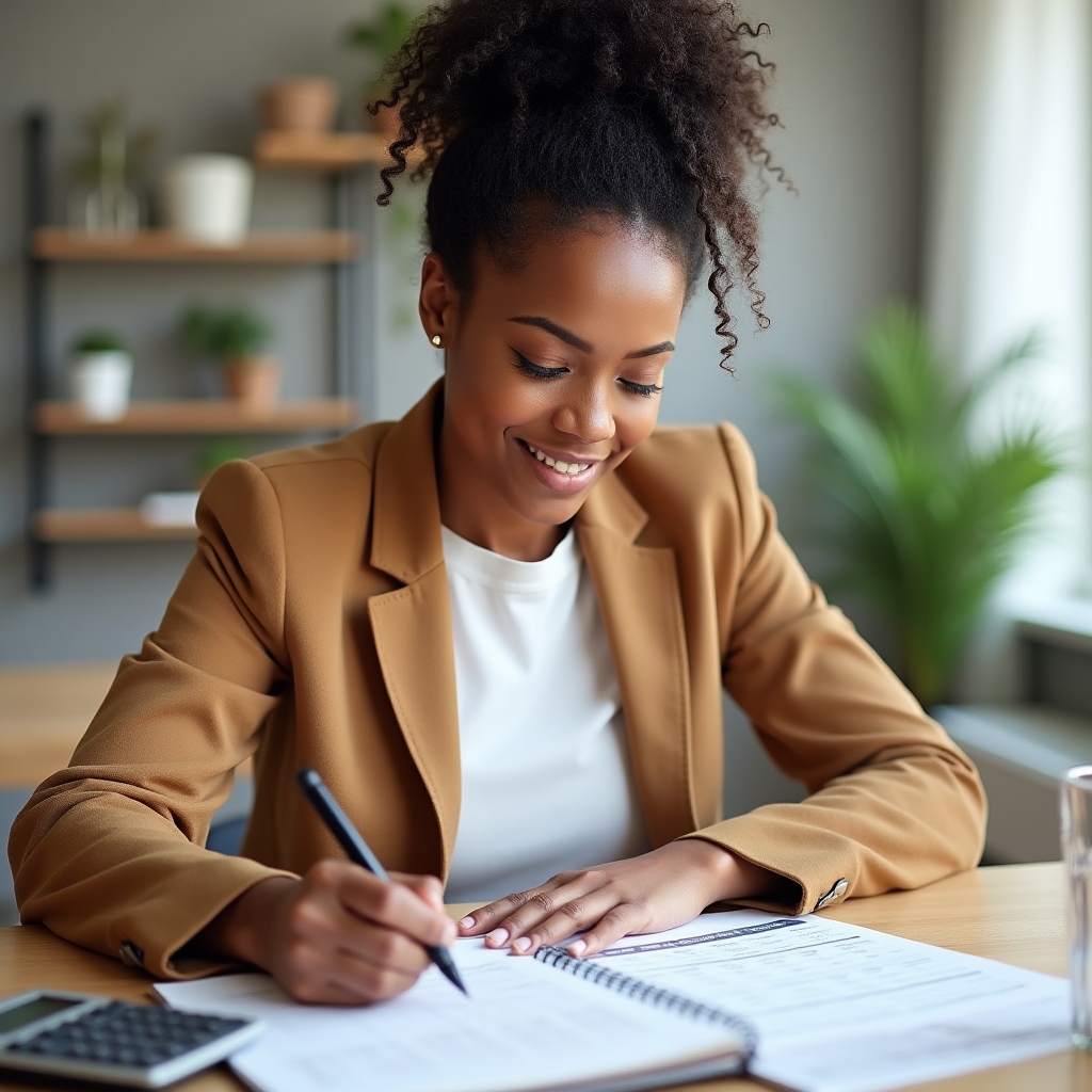 Person plant finanzielle Ziele mit Notizbuch und Taschenrechner am Tisch