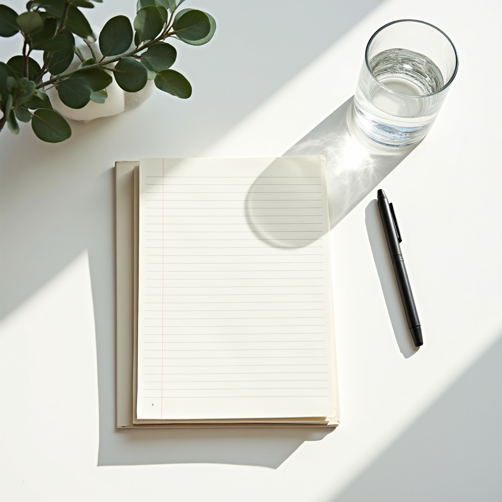 Aufgeräumter Arbeitsplatz mit Notizbuch, Stift und Pflanze für konzentriertes Arbeiten