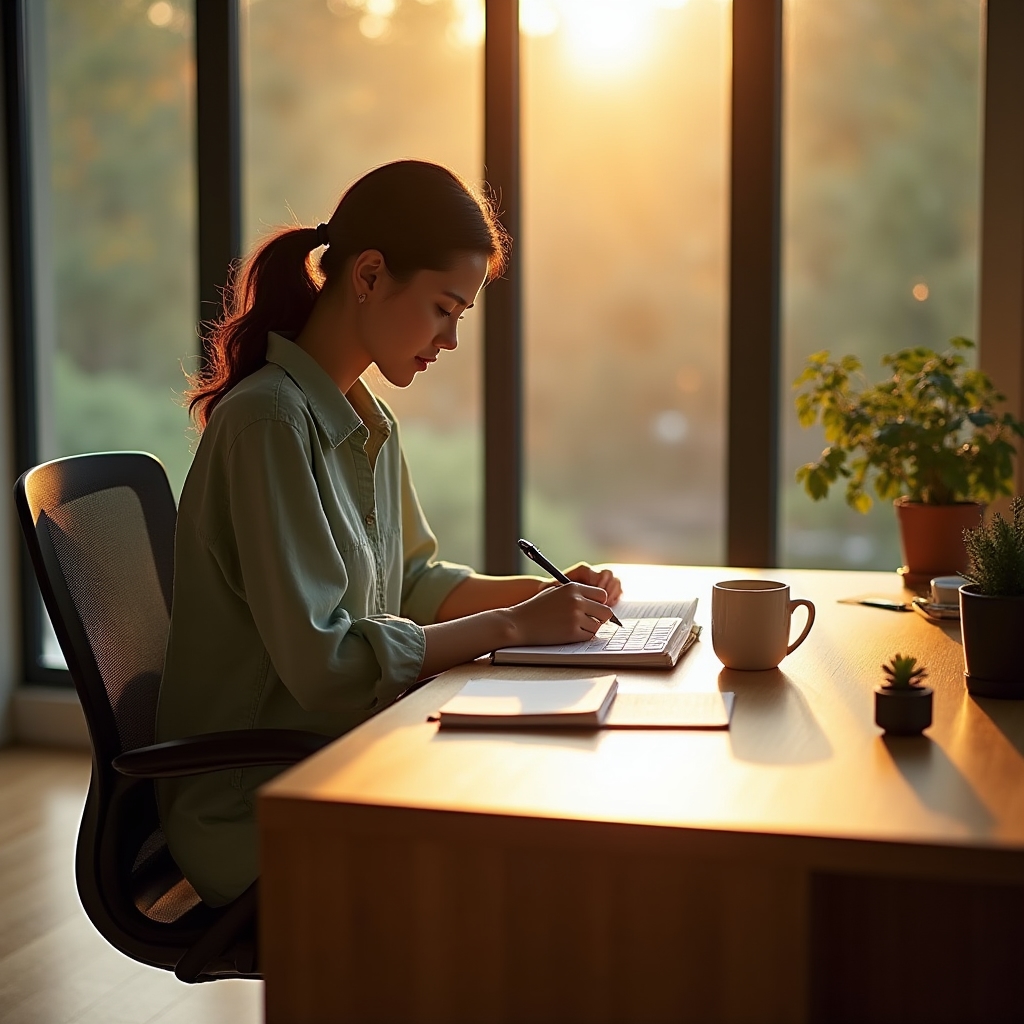 Person bei morgendlicher Routine am Schreibtisch mit Notizbuch und Tasse